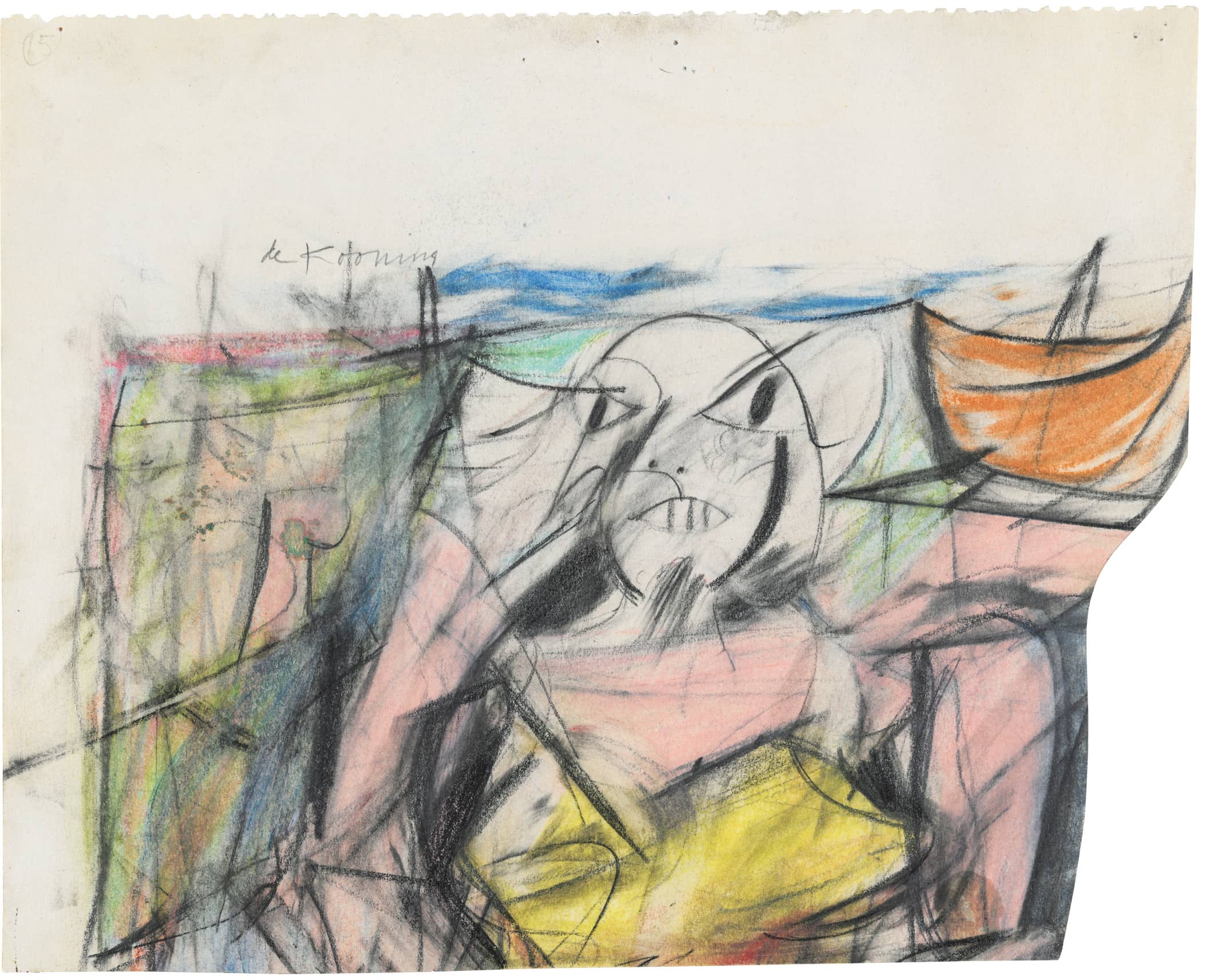 A charcoal and pastel drawing by Willem De Kooning depicts a stylized, grotesque figure..