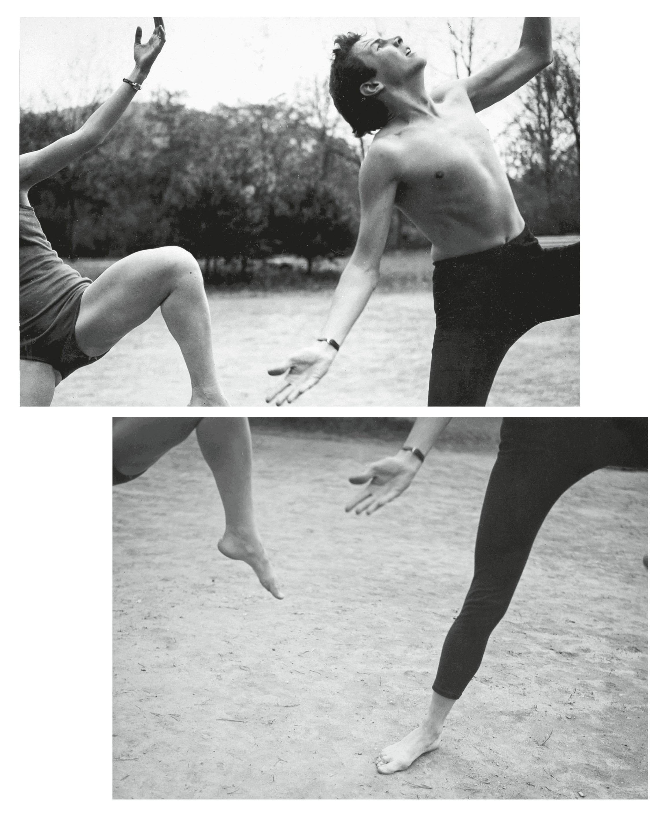 Two black and white photographs depict people dancing outdoors; the top image shows a shirtless person with arms raised, and the bottom image focuses on the legs and feet of dancers in motion.