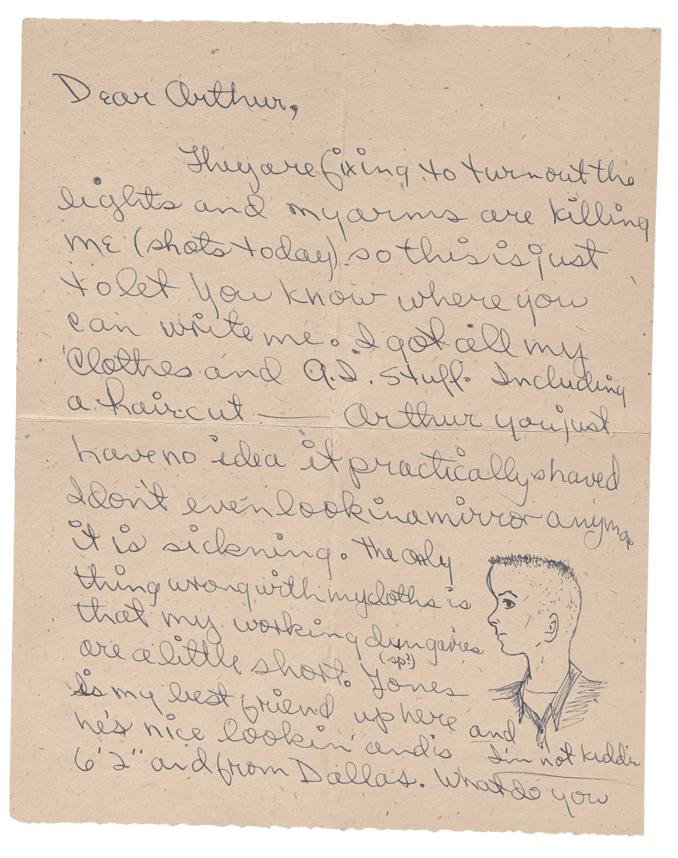 A handwritten letter addressed to "Arthur" on aged paper, accompanied by an envelope with a return address, featuring a simple sketch of a young man on the right side.