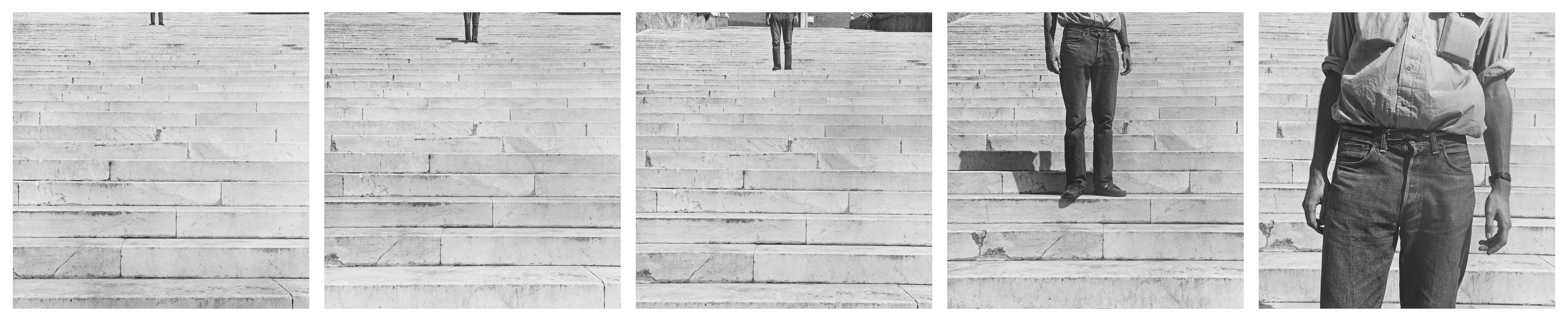 A sequence of five black and white images showing a person gradually descending a set of stone steps, with only their legs visible in the final frame.