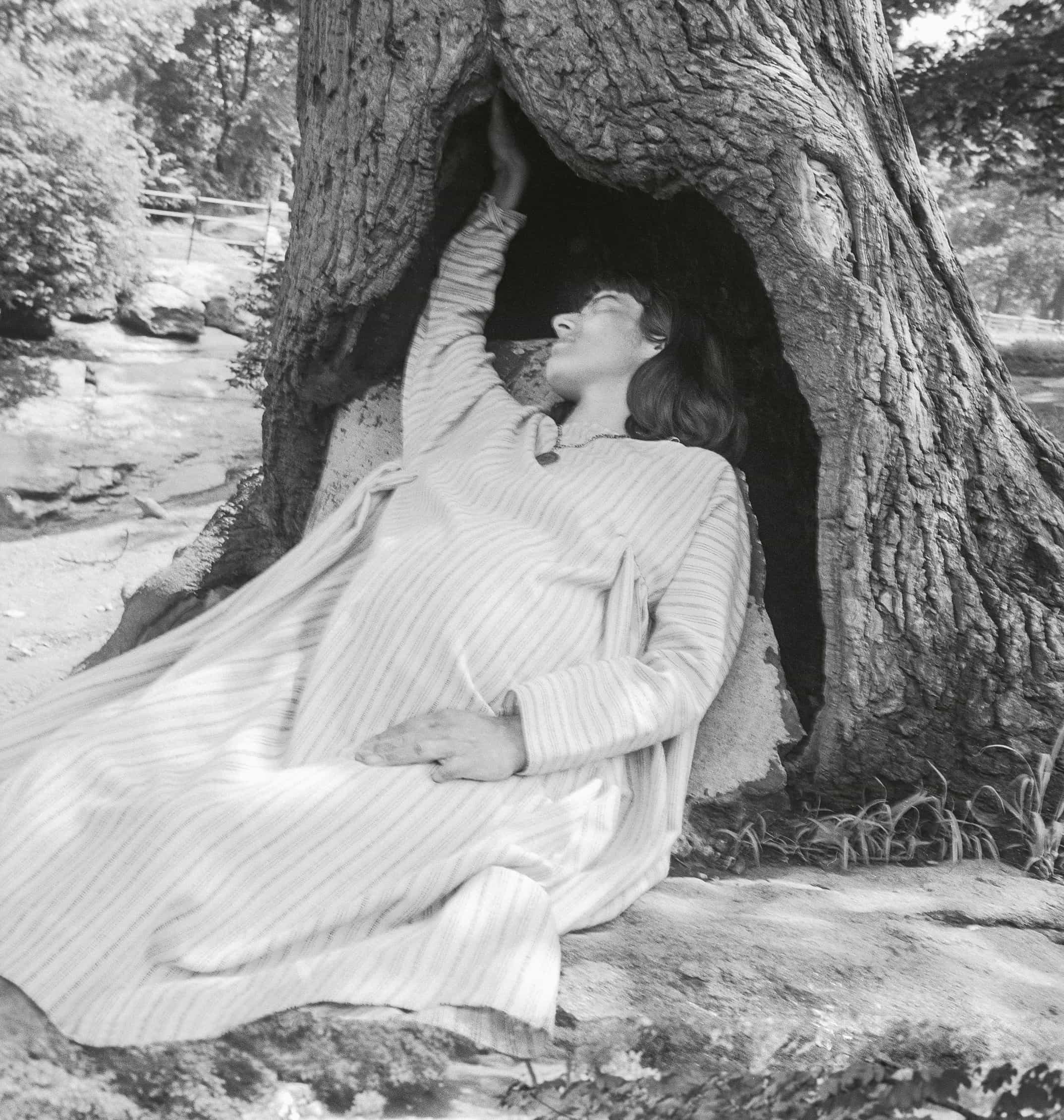 A pregnant woman in a striped dress relaxes against a tree trunk, reaching up towards a hollow in the tree while surrounded by greenery.