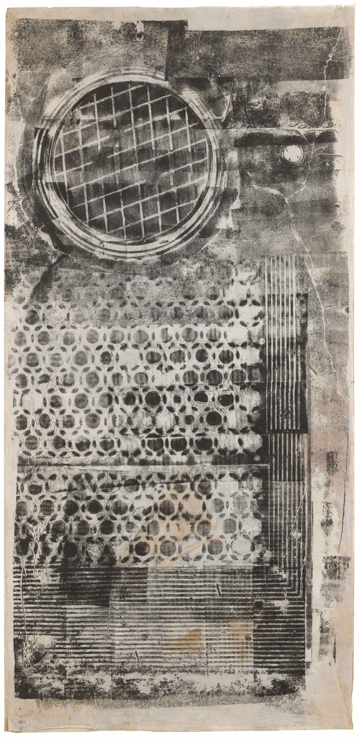 A monochrome abstract composition features layered geometric shapes, including a circular grid, textured circles, and linear patterns, rendered in a distressed, textured manner.