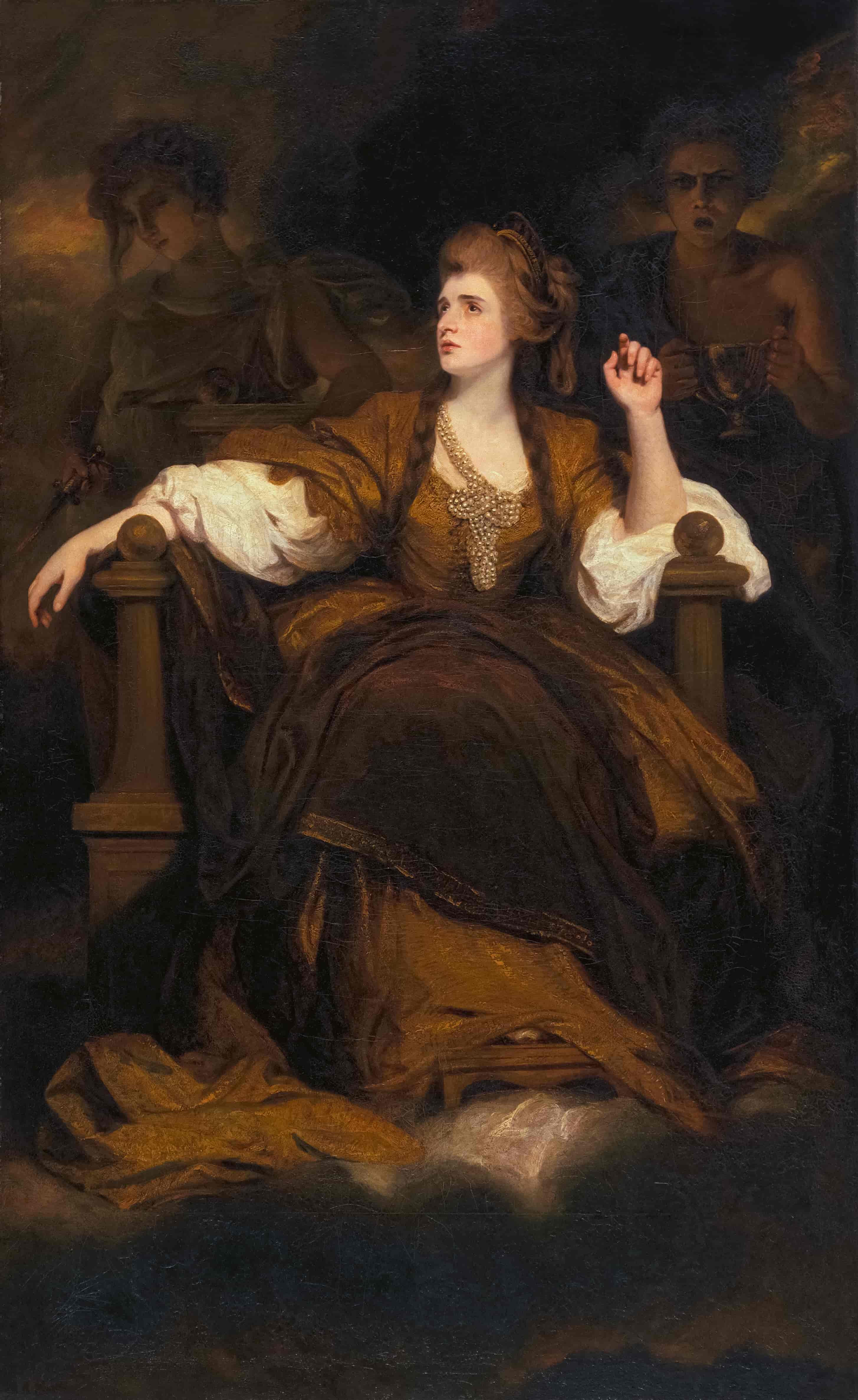 A woman in a flowing brown gown sits regally on a throne, with two shadowy figures in the background, in a dramatic, dark-toned painting.