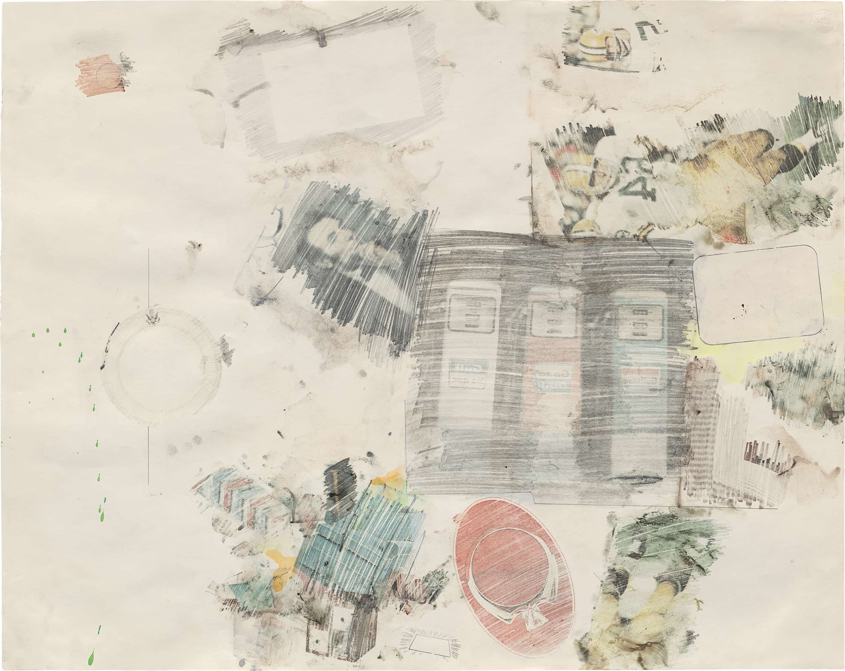 A framed artwork featuring a collage of various textures and colors, including abstract shapes and faint outlines, set against a light background.