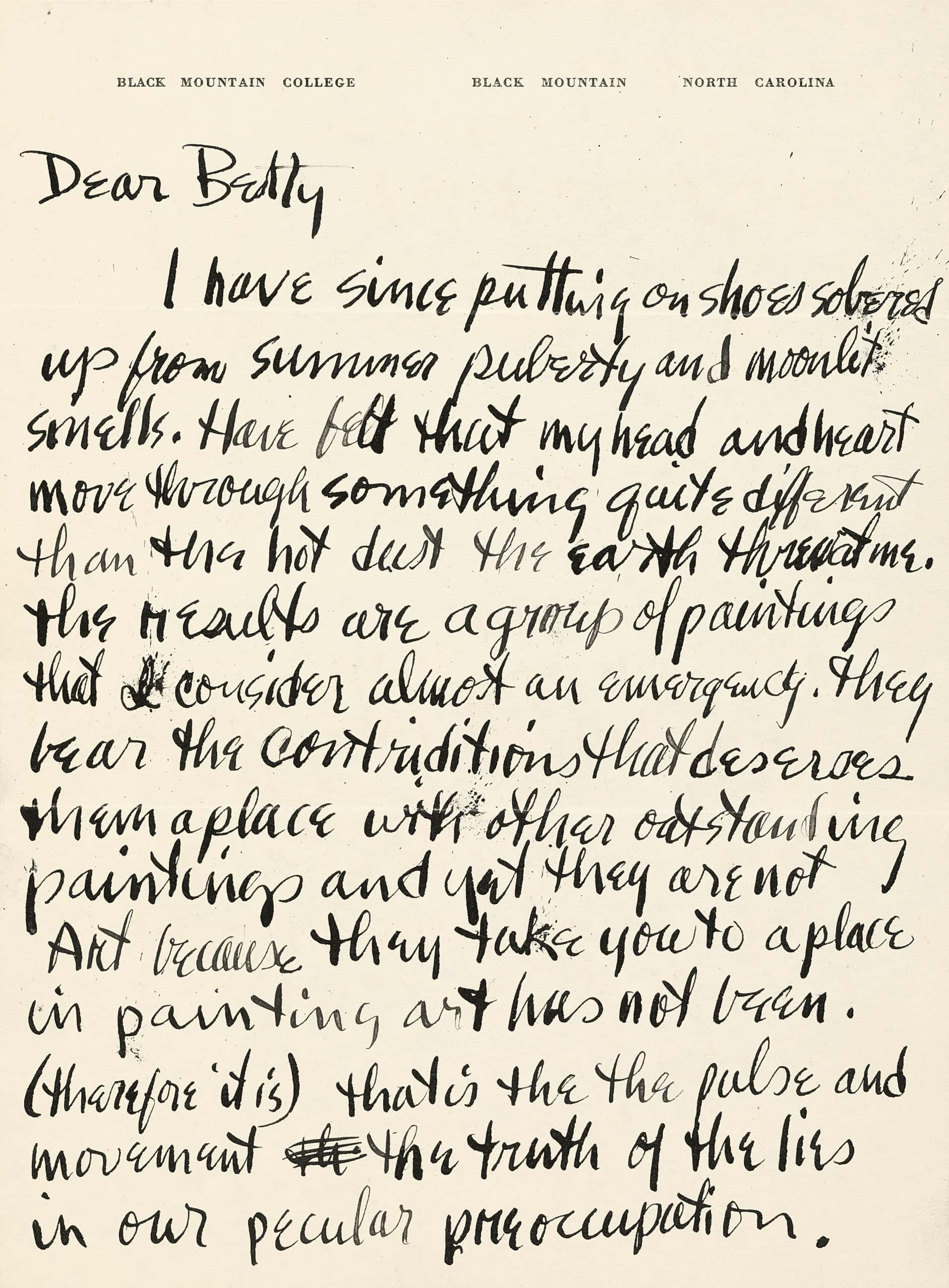 A handwritten letter to Betty discusses the merits of a group of paintings and a place where painting art has not been created.