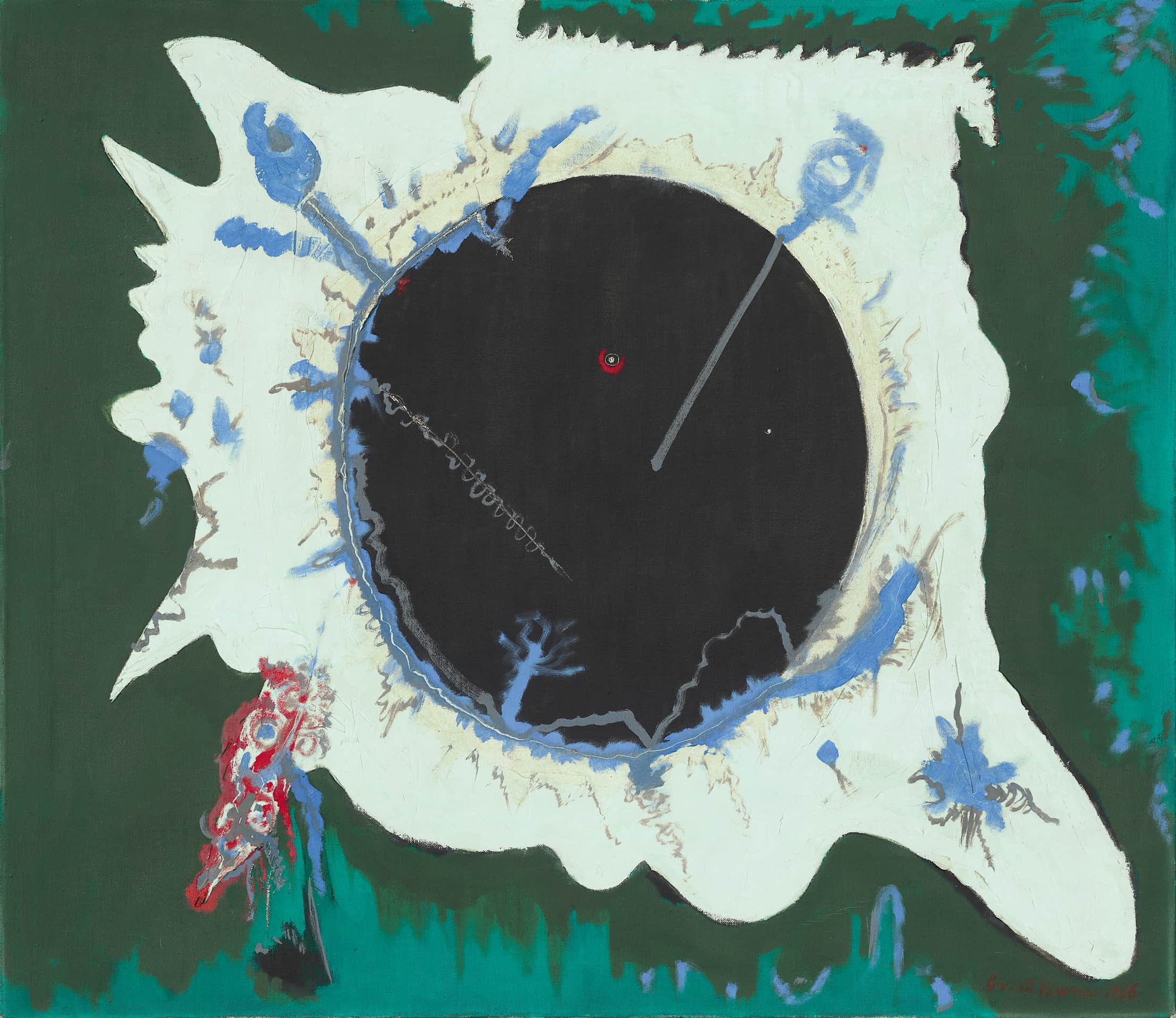 A surrealist painting depicts a stylized, dark-centered fish shape with blue and red accents against a green background.