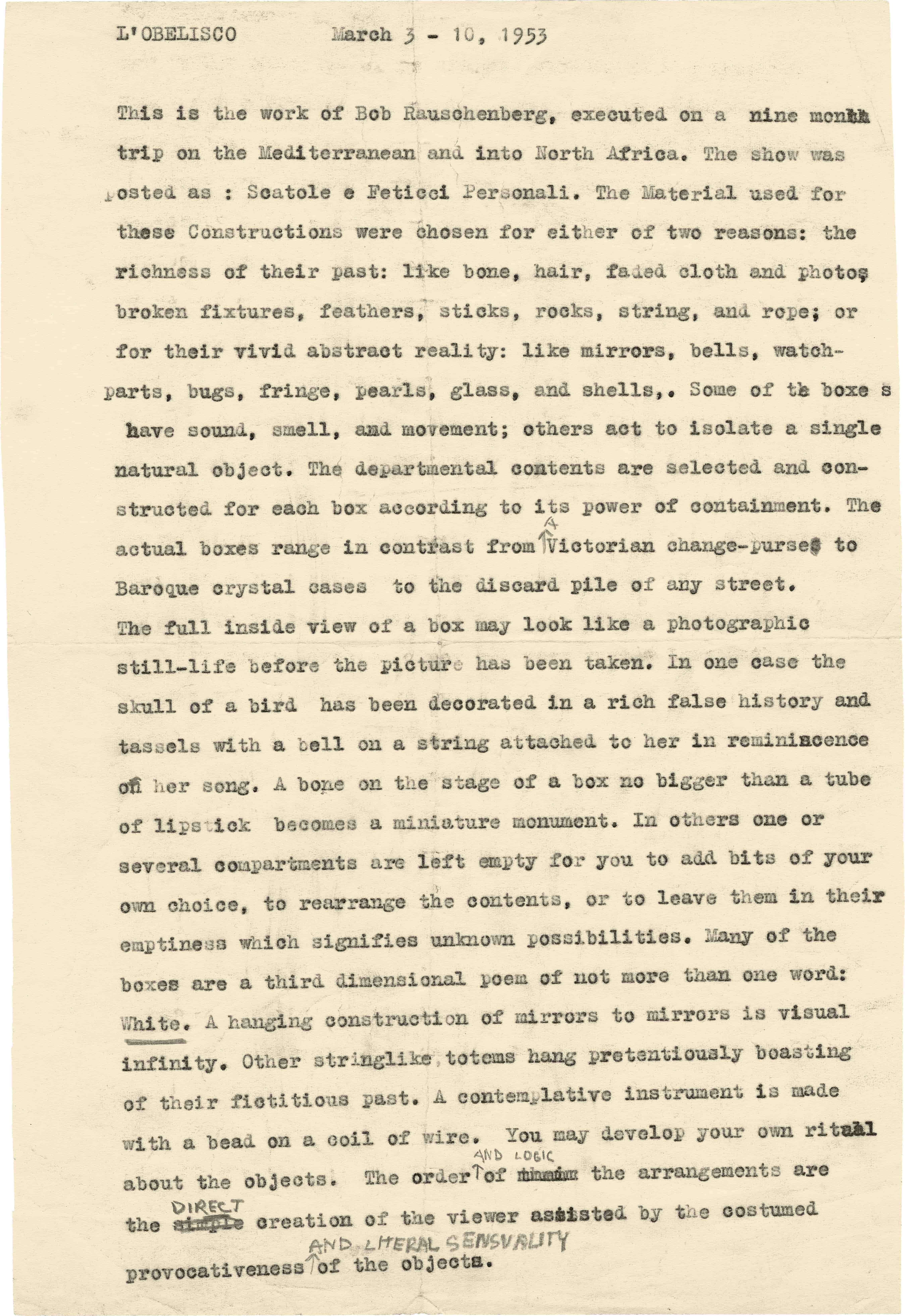 This is a typed document titled "L'OBELISCO March 3 - 10, 1953," describing an art exhibition by Bob Rauschenberg, detailing the materials used and the conceptual focus on everyday objects and their transformation into art.