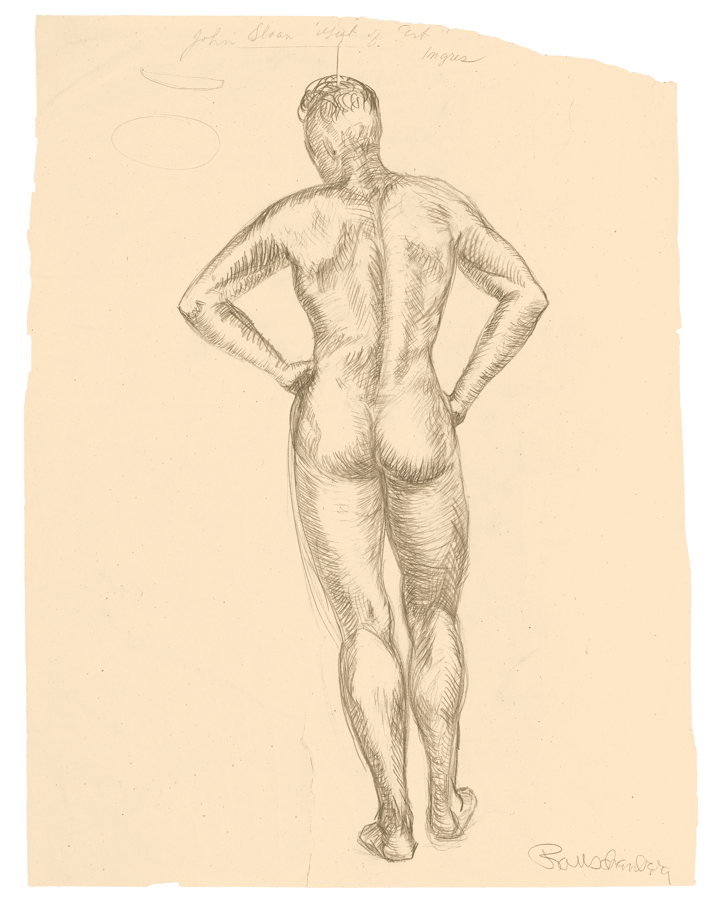 A pencil sketch of a nude male figure standing with hands on hips, viewed from the back.