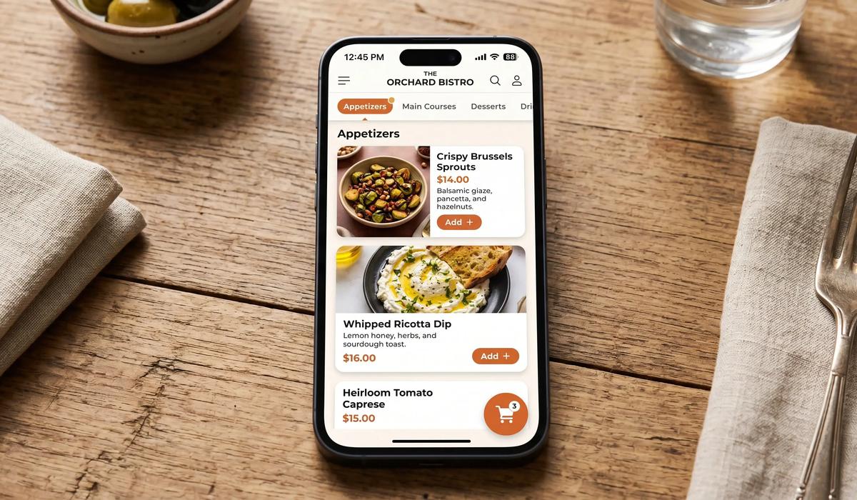 Mobile-first restaurant menu page with category filters and real-time cart