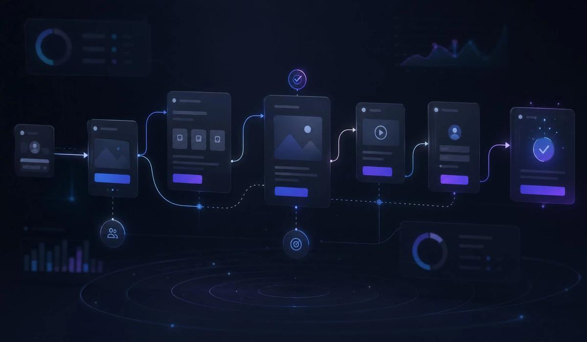 Editorial illustration of website conversion architecture showing user experience flow, modern interface hierarchy, and performance-driven digital design principles