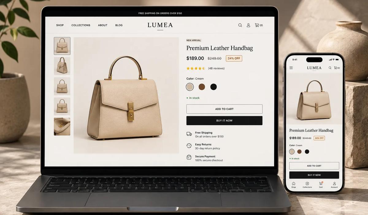 Profesyonel Shopify ürün sayfası tasarımı masaüstü ve mobil görünümü