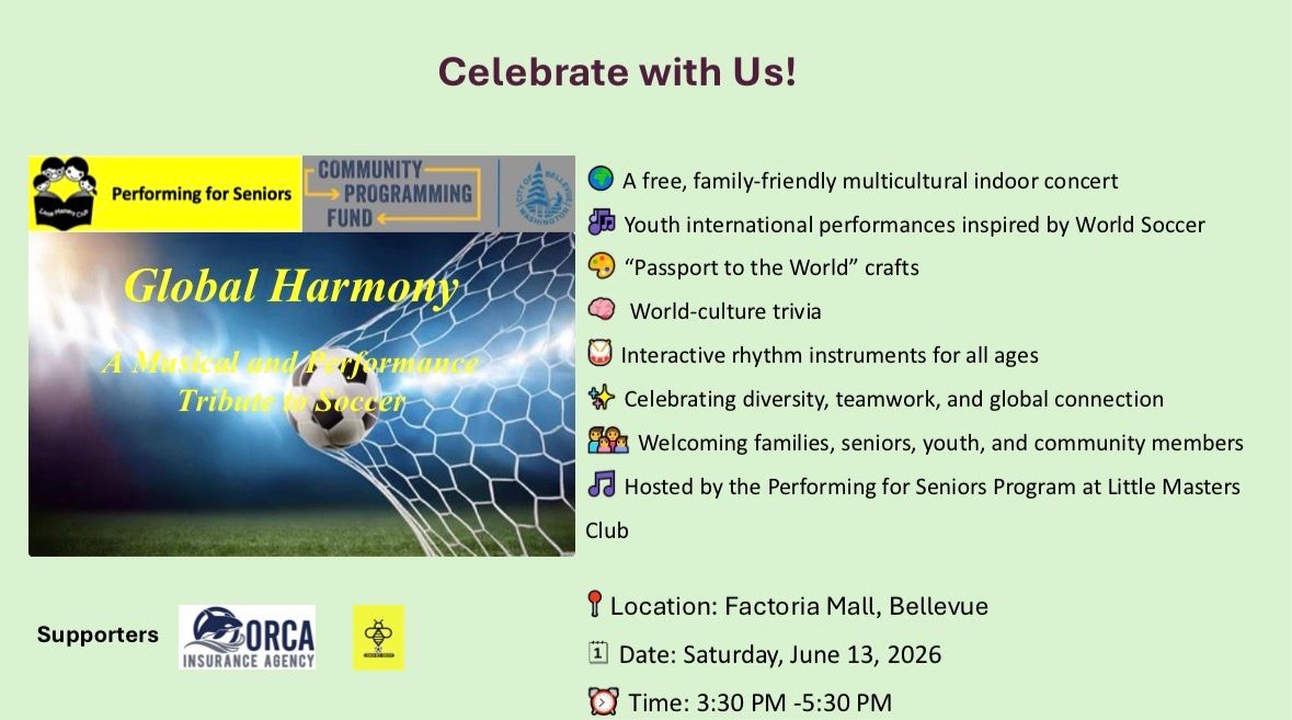 Image for Performing for Seniors is hosting a Global Harmony Concert at Factoria Mall, Bellevue