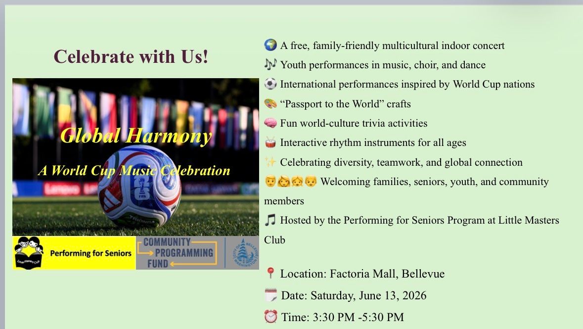 Image for Performing for Seniors is hosting a Global Harmony Concert at Factoria Mall, Bellevue
