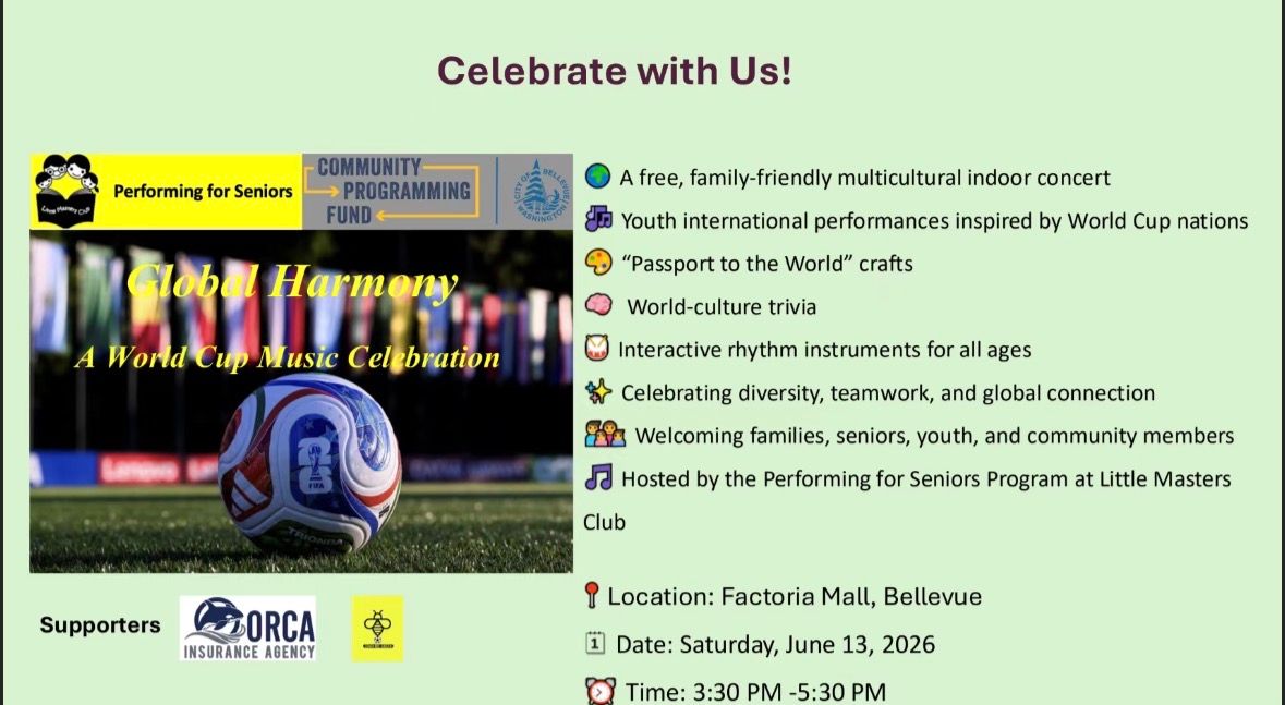 Image for Performing for Seniors is hosting a Global Harmony Concert at Factoria Mall, Bellevue
