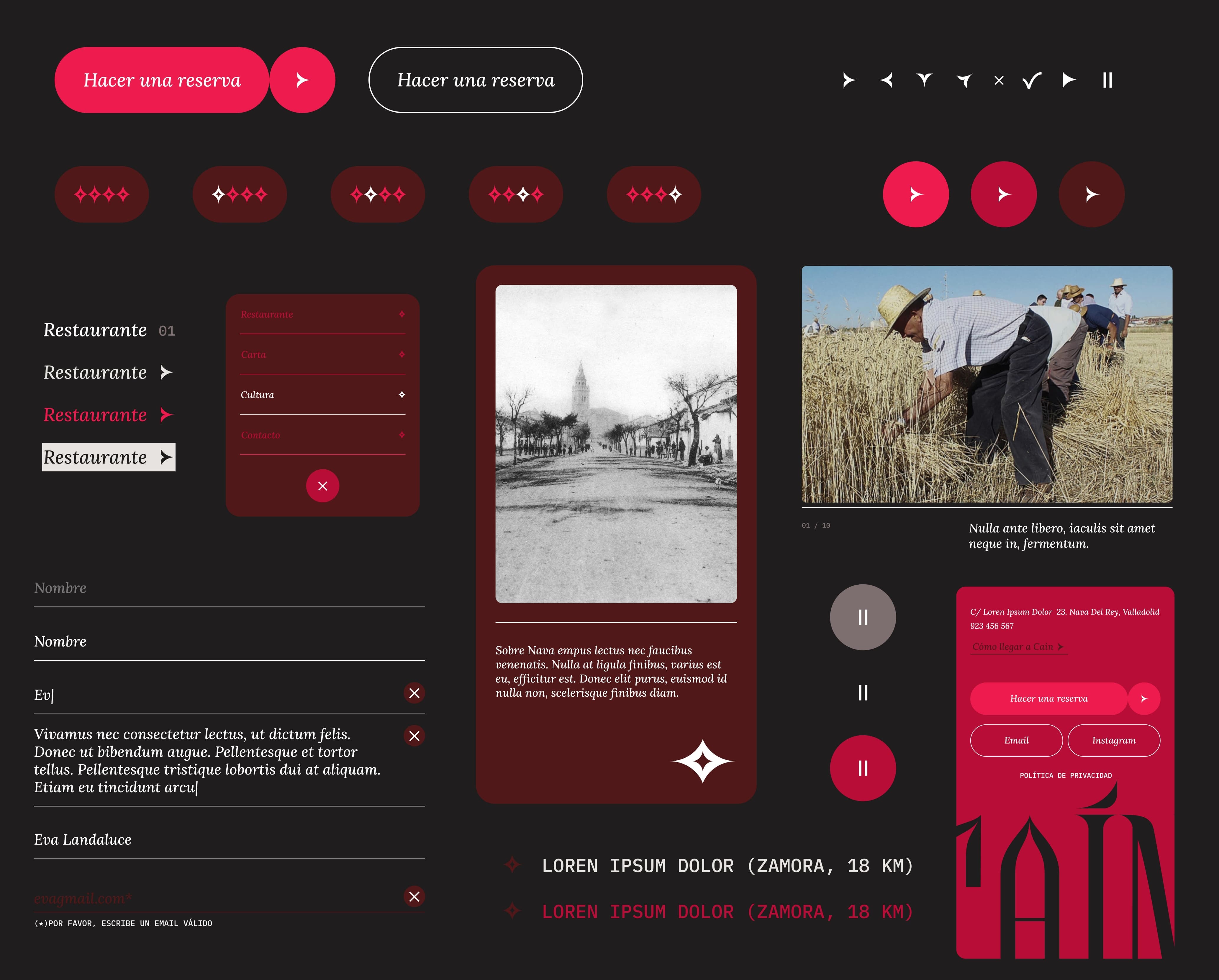 Caín design system screens on a dark red background, showing buttons, form fields and image components