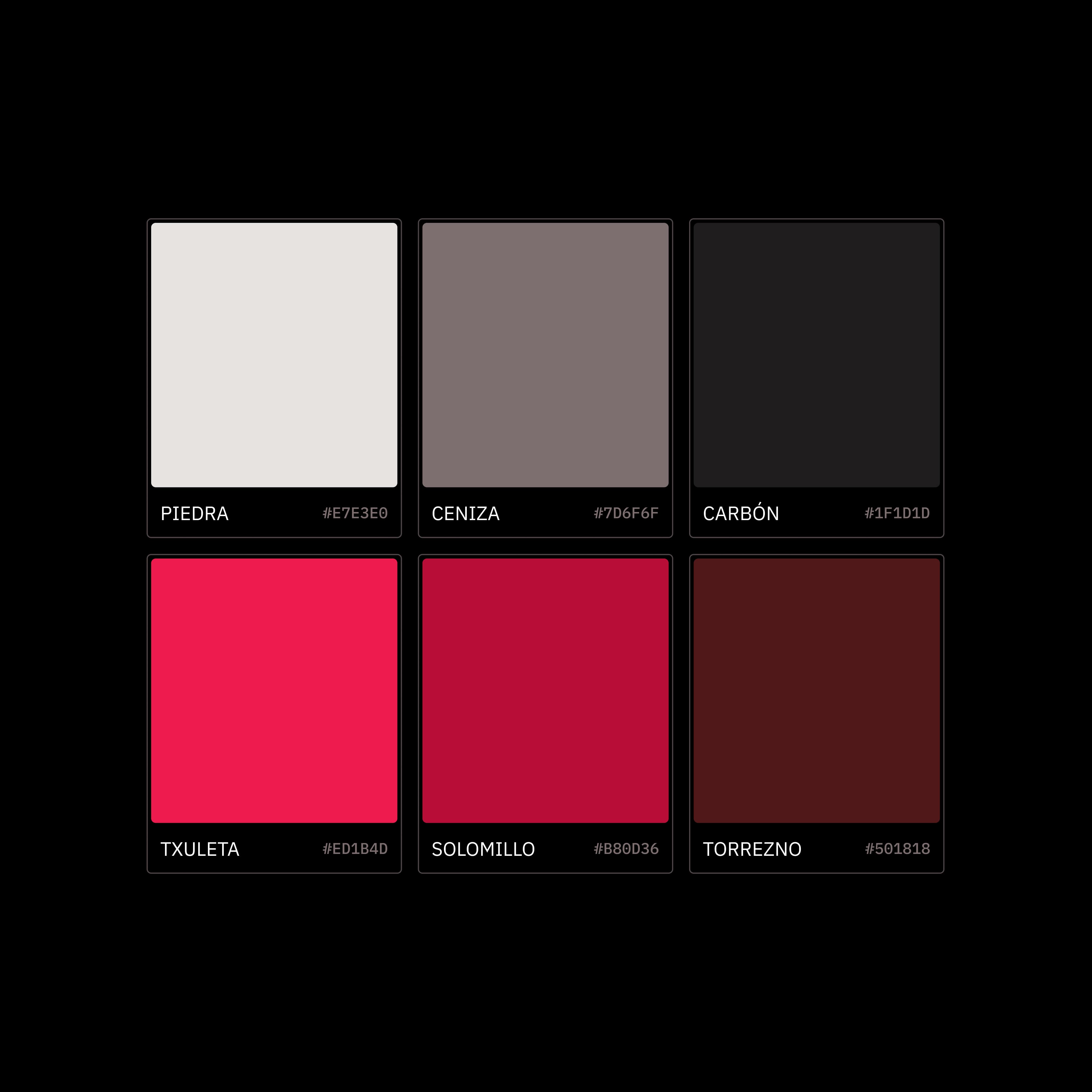 Caín brand colour palette showing six named swatches from Piedra and Ceniza through to Torrezno