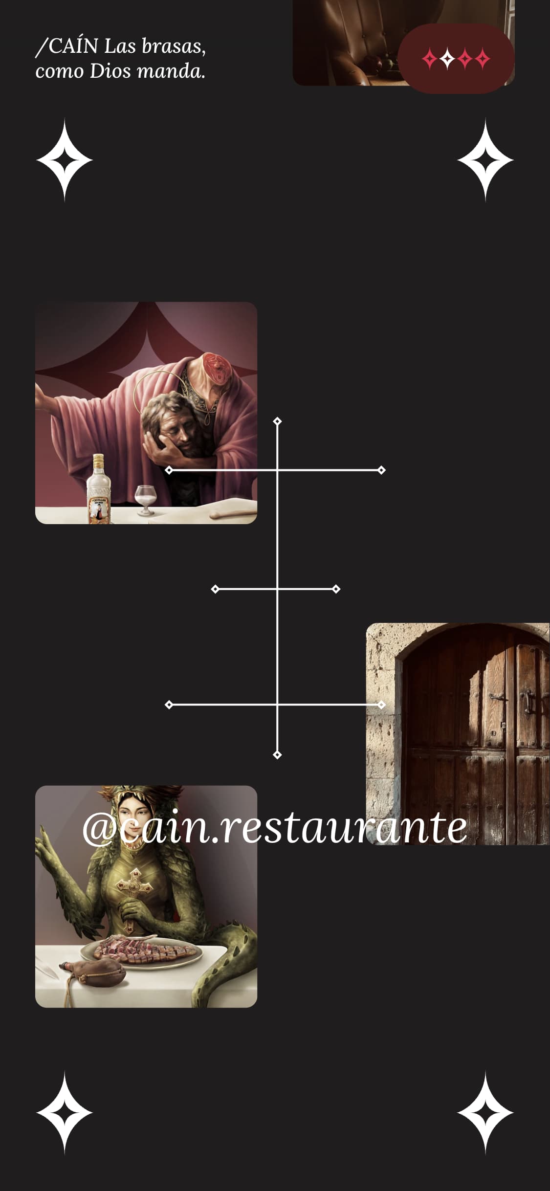 Caín mobile site showing restaurant interior photography and the @cain.restaurante handle