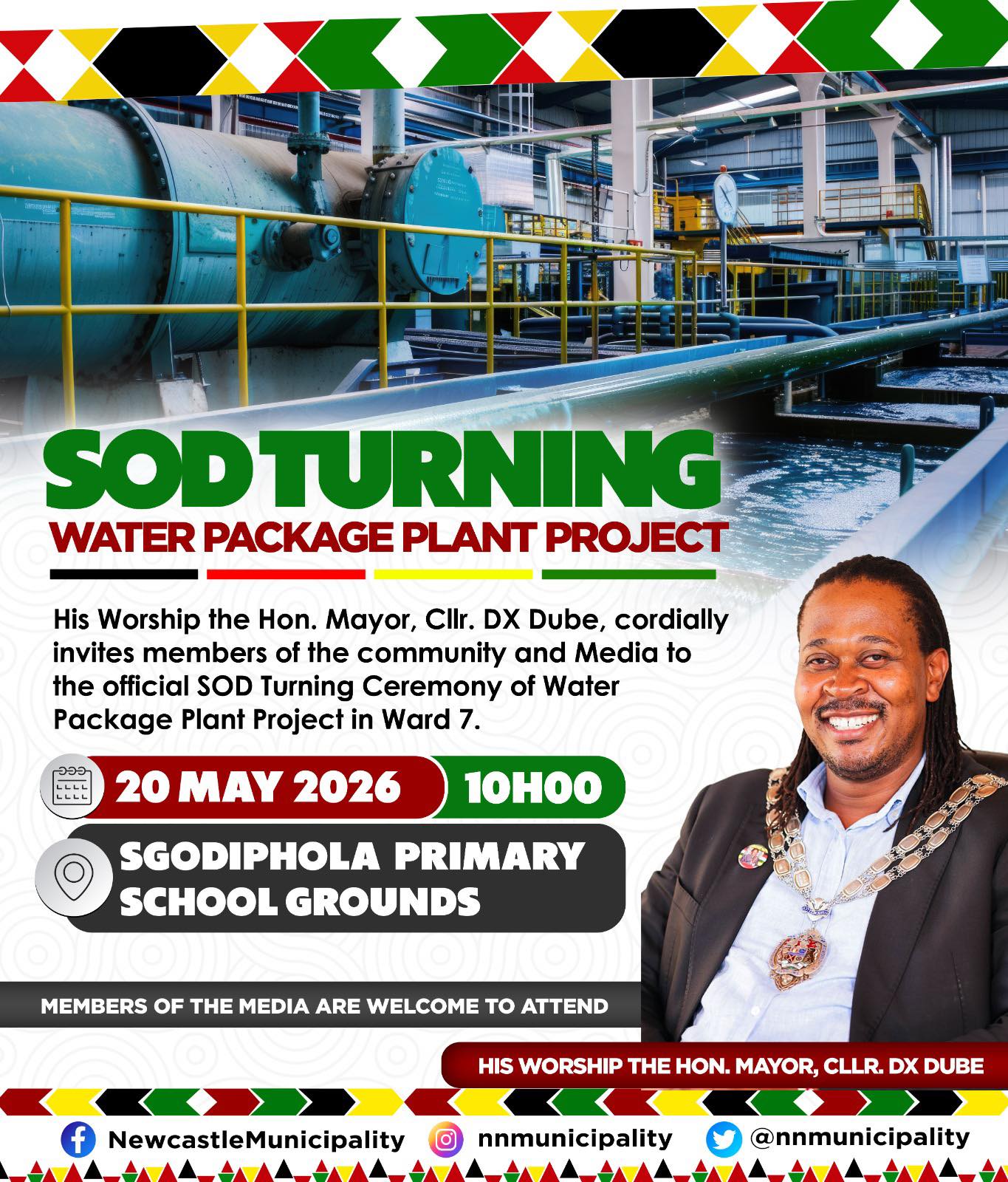 Poster announcing Newcastle Municipality's water plant project sod-turning ceremony on May 20, 2026, featuring Mayor DX Dube and a water treatment plant.
