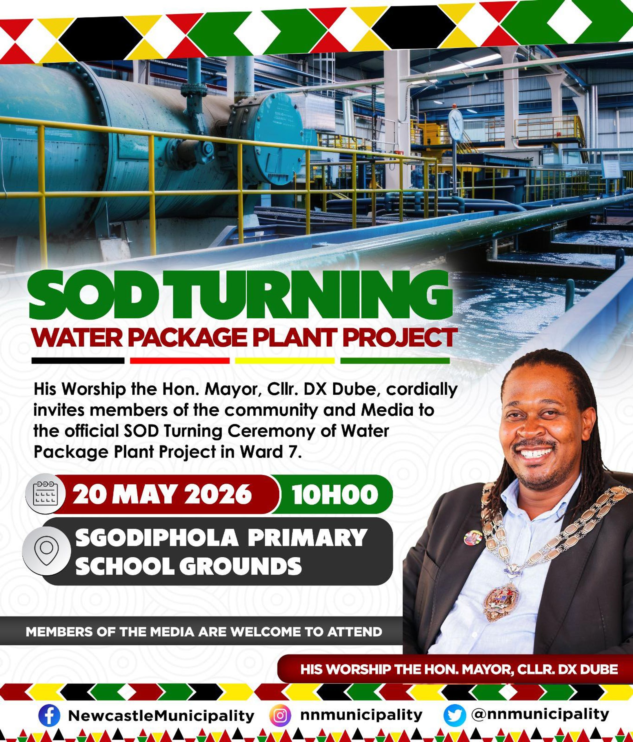 Flyer for the Sod Turning Ceremony of a Water Package Plant Project on May 20, 2026, featuring Mayor Cllr. DX Dube and a water treatment facility.