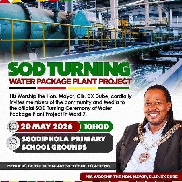 Poster announcing Newcastle Municipality's water plant project sod-turning ceremony on May 20, 2026, featuring Mayor DX Dube and a water treatment plant.