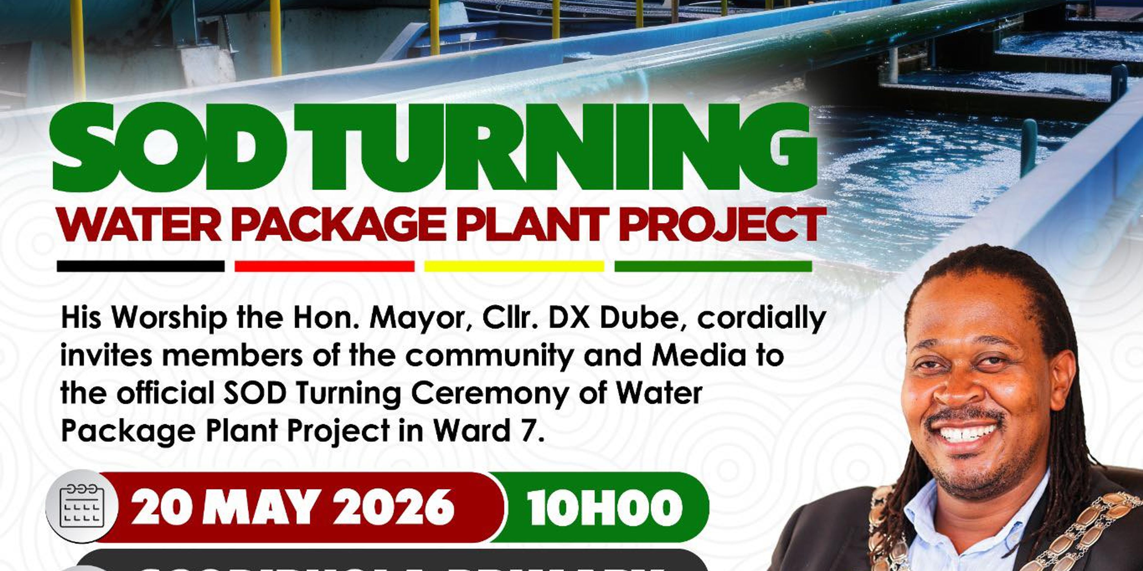 Flyer for the Sod Turning Ceremony of a Water Package Plant Project on May 20, 2026, featuring Mayor Cllr. DX Dube and a water treatment facility.