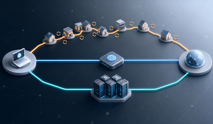 Three proxy network paths showing rotating residential nodes, one stable ISP gateway, and a datacenter server cluster