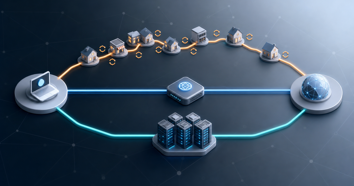 Three proxy network paths showing rotating residential nodes, one stable ISP gateway, and a datacenter server cluster