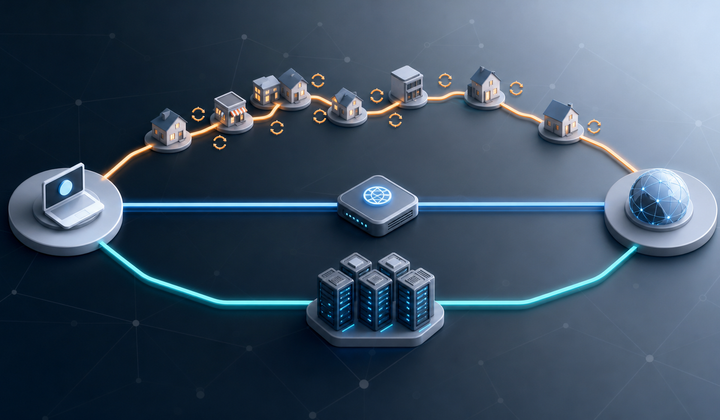 Three proxy network paths showing rotating residential nodes, one stable ISP gateway, and a datacenter server cluster