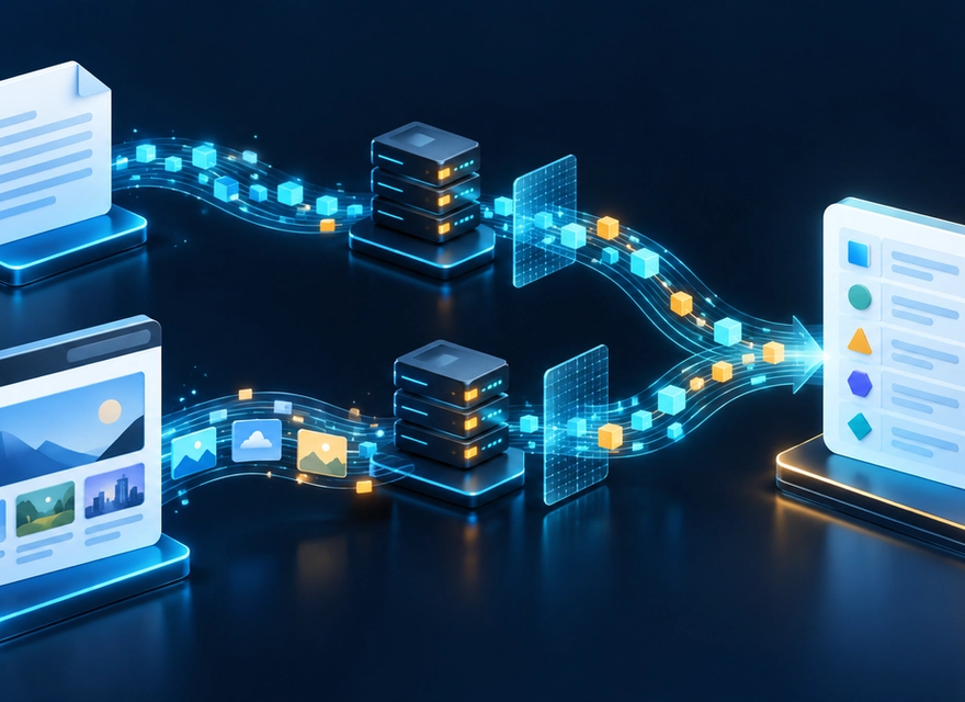A plain web document and a rendered browser window lead to the same structured data card through different paths.