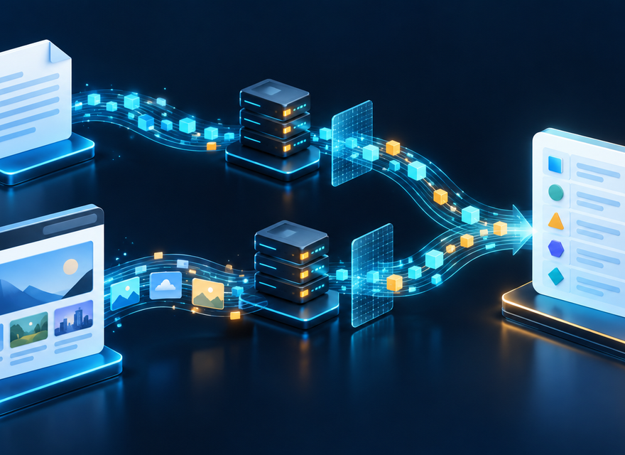 A plain web document and a rendered browser window lead to the same structured data card through different paths.