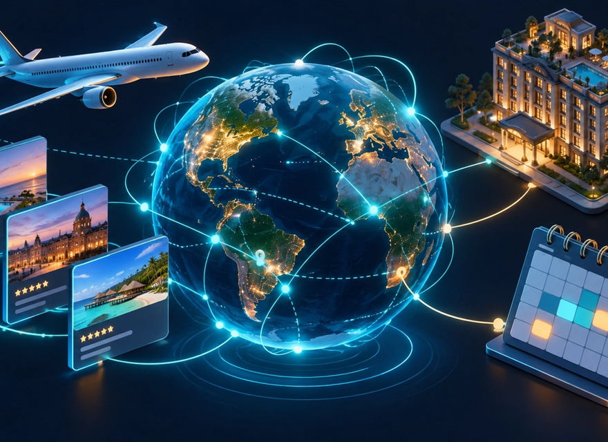 Hotel, airplane and calendar symbols surround comparable quote cards on a globe.