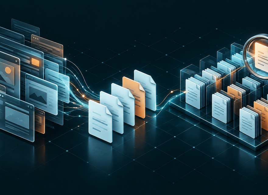 Layered web pages become clean document sheets and a searchable knowledge index.