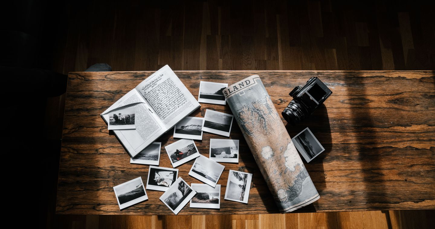 A map, travel journal, photographs and camera on a wooden table.