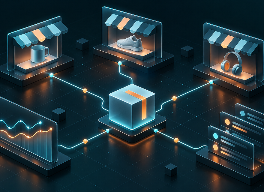 Storefront cards, a product cube, data records and a conceptual price chart form a collection workflow.