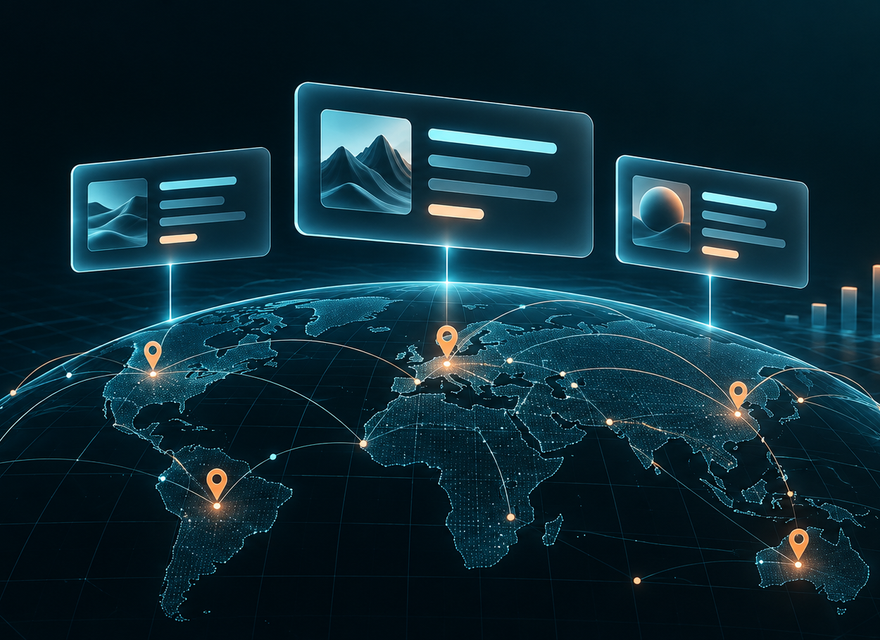 Search cards and location pins sit above a wireframe globe beside a conceptual ranking chart.