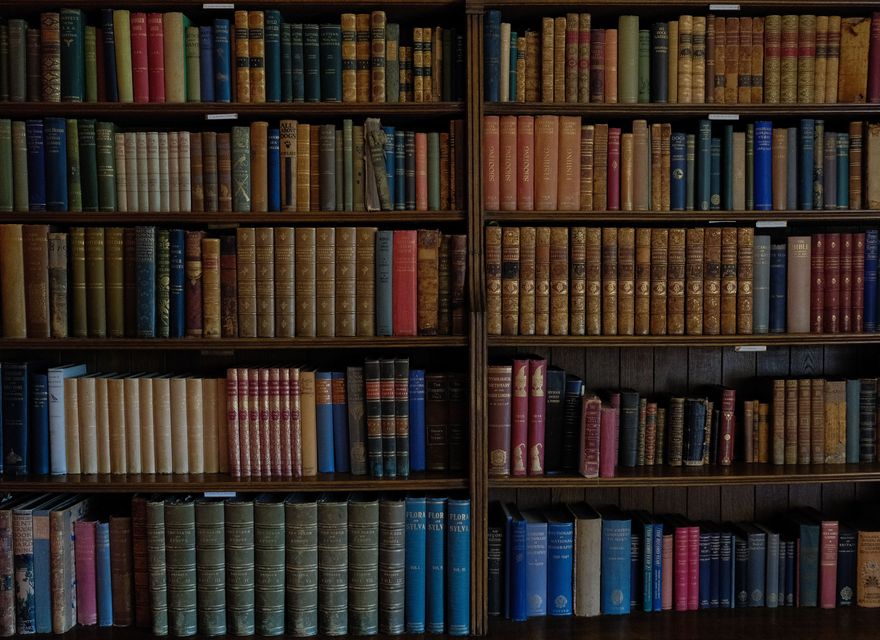 Old books arranged on wooden library shelves.