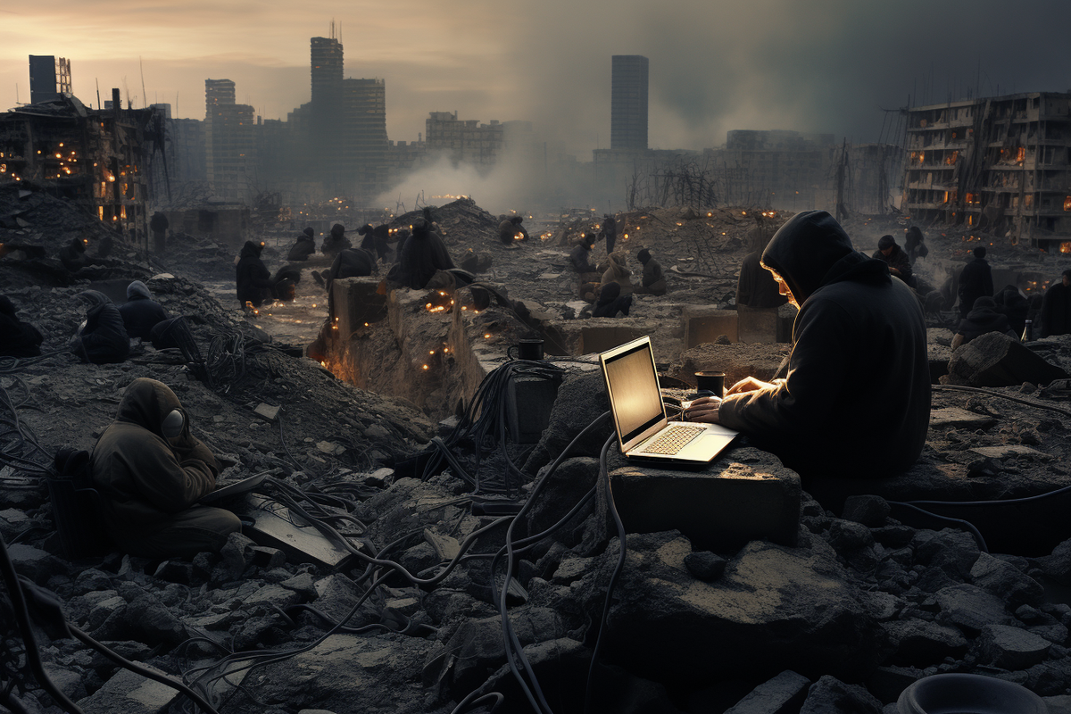 movie film still, apocalyptic city with eroded macbooks and iphones, cavment in clothes in despair, Hasselblad --ar 3:2