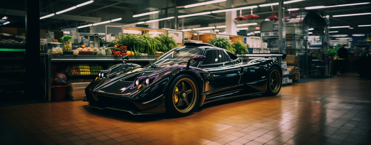 pagani zonda inside a grocery store produce section, kodak film 70mm