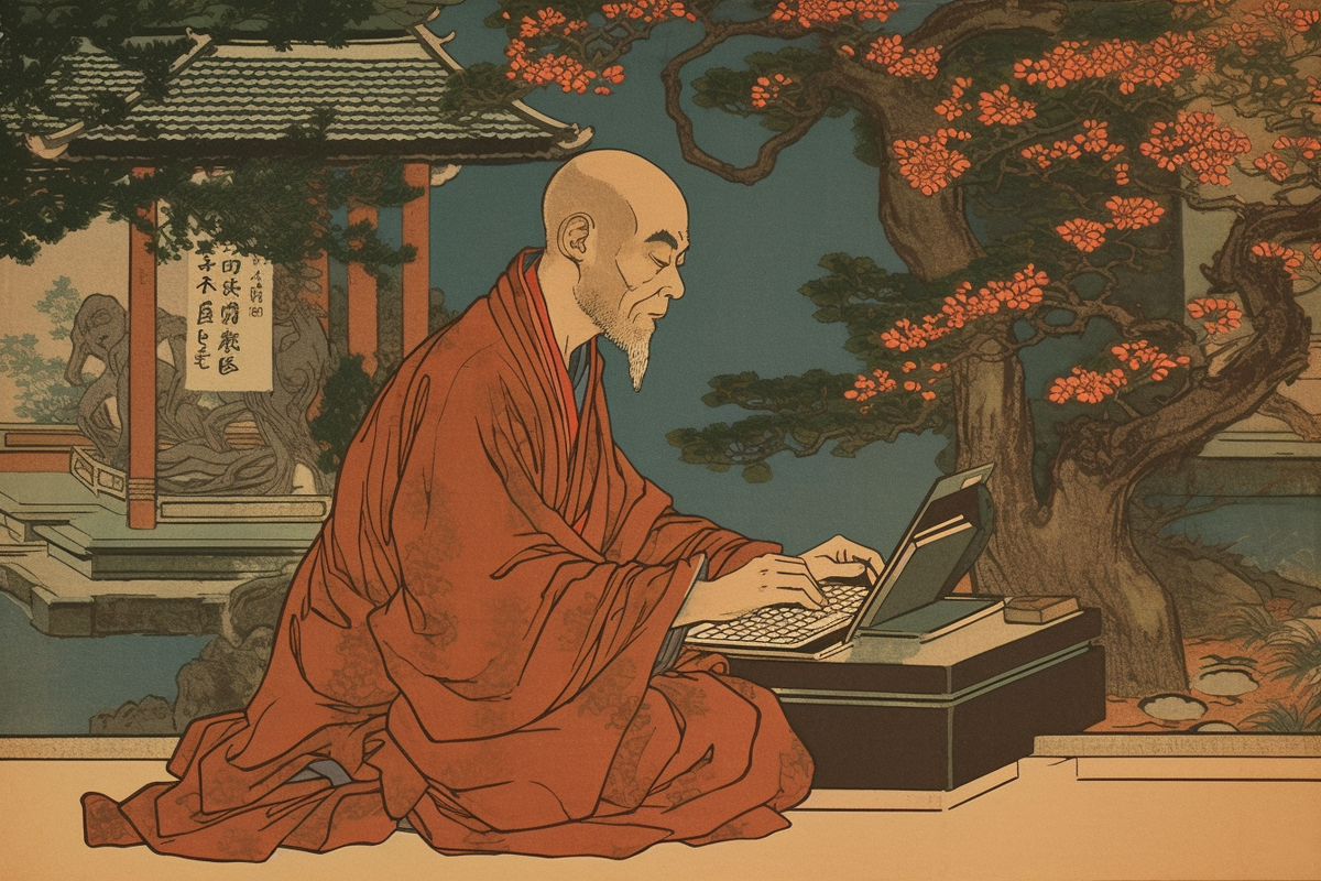 a serene monk is shown in deep meditation, eyes closed, while his MacBook casts a heavenly glow upon his tranquil visage, japanese traditional woodblock print --ar 15:10 --v 5.1