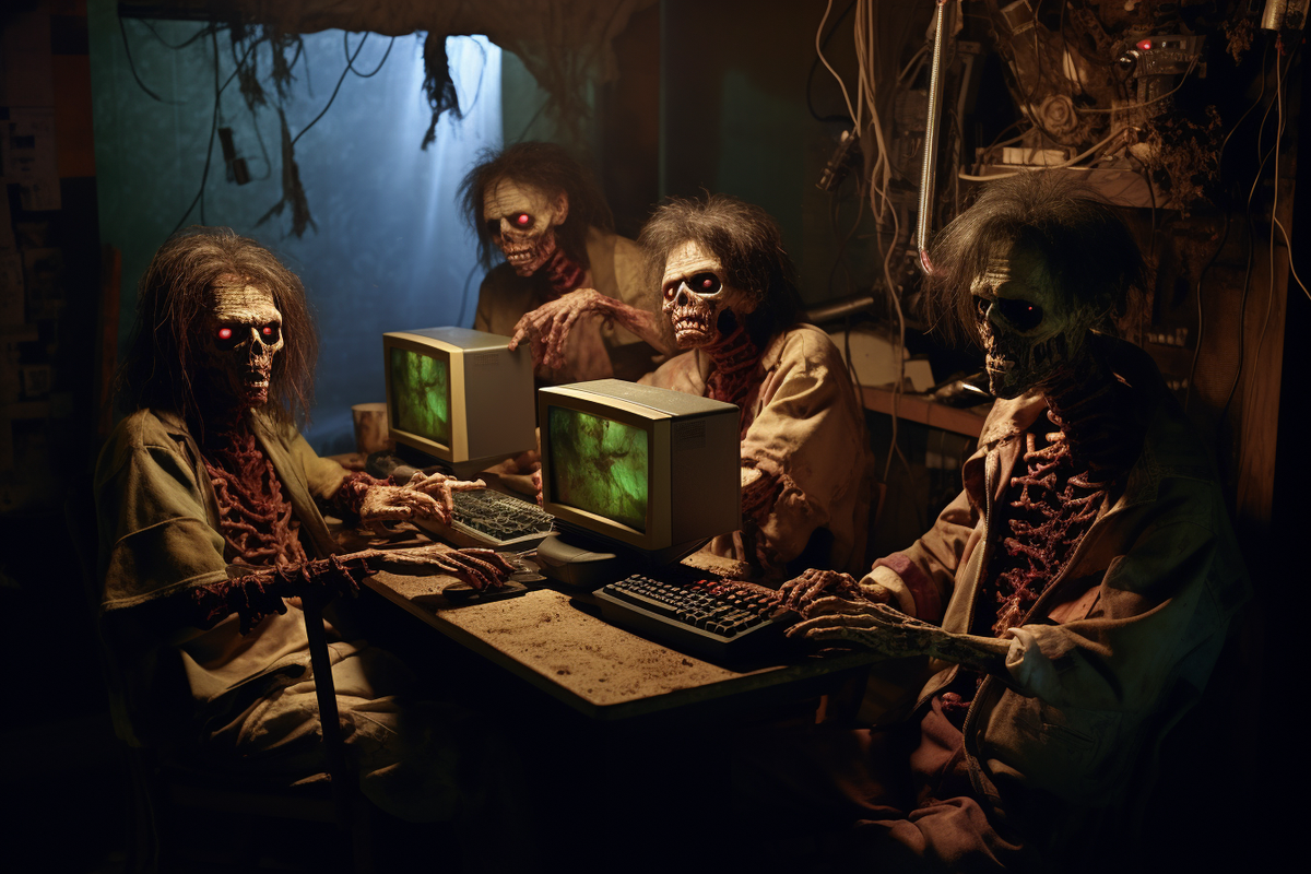 zombies typing on a 90s windows computer, 90s horror film still, Hasselblad --ar 3:2