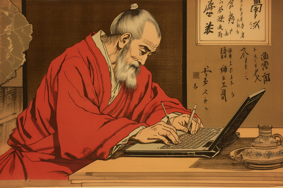 a diligent scribe depicting with a furrowed brow, quill in hand, poised over a MacBook, traditional Japanese woodblock print --v 5.1 --ar 15:10 --v 5.1