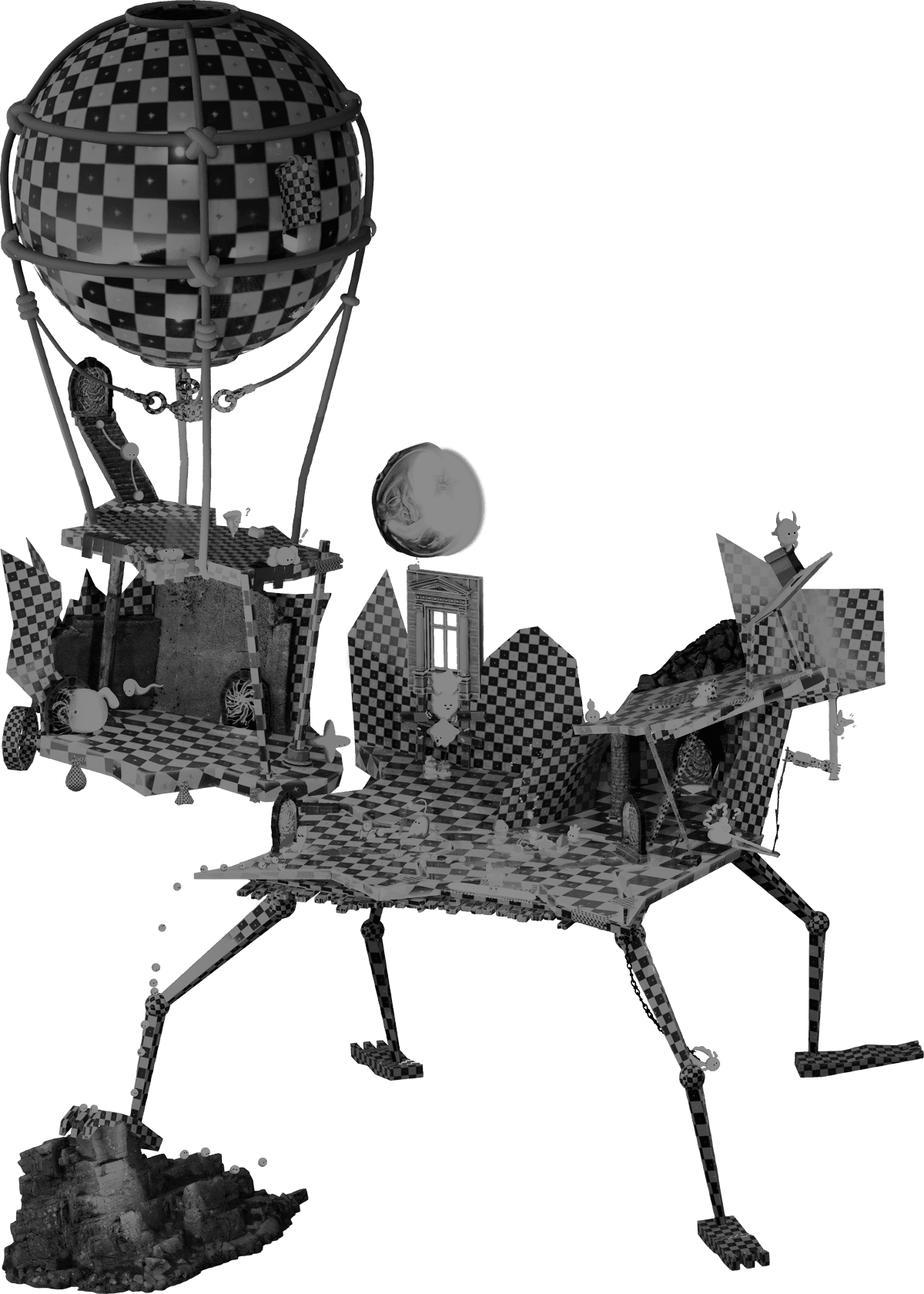 Sketch of a Moving Castle made up of modules, with additional character design by Parrr Geng.