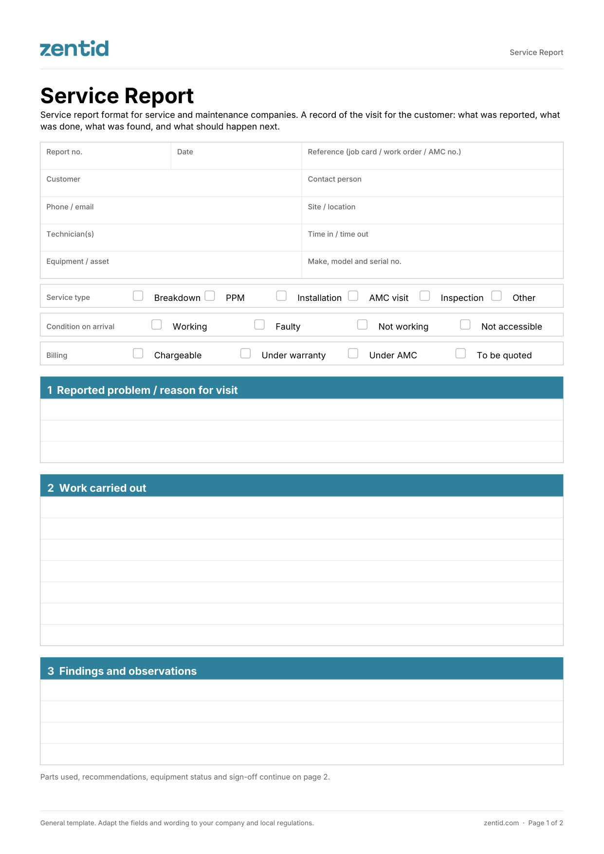 Service report format, page 1