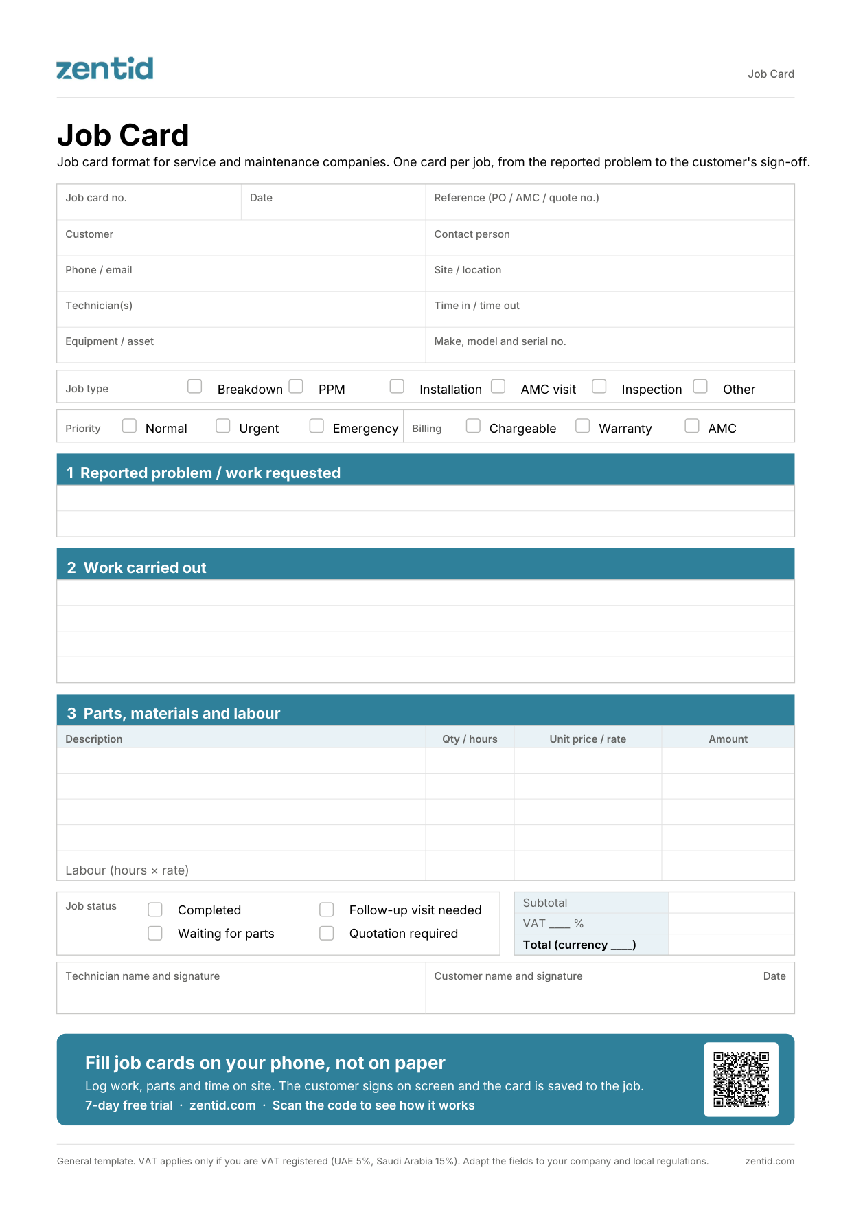 Job card format, page 1