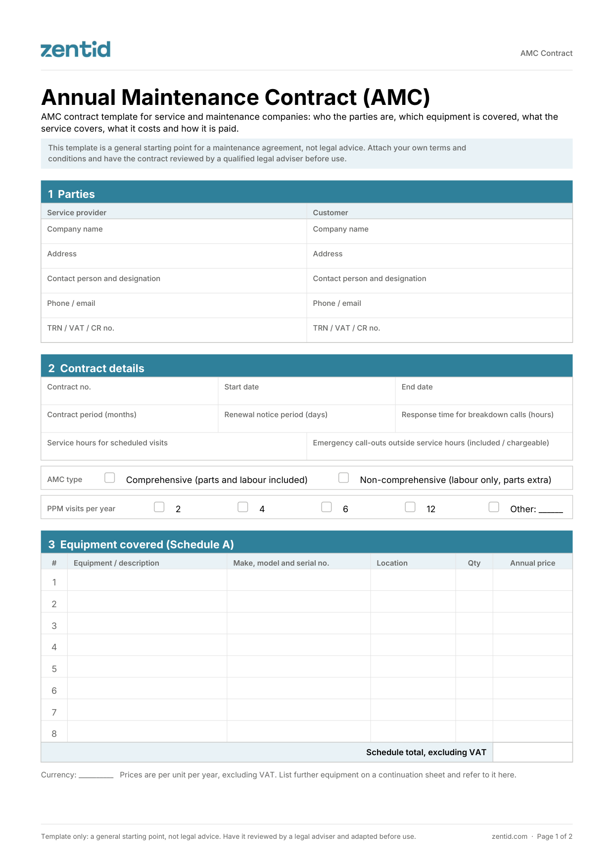 AMC contract template, page 1