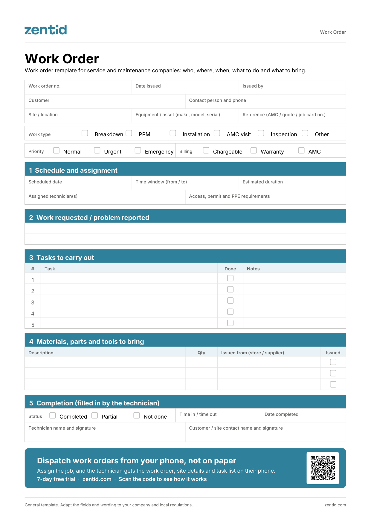 Work order template, page 1