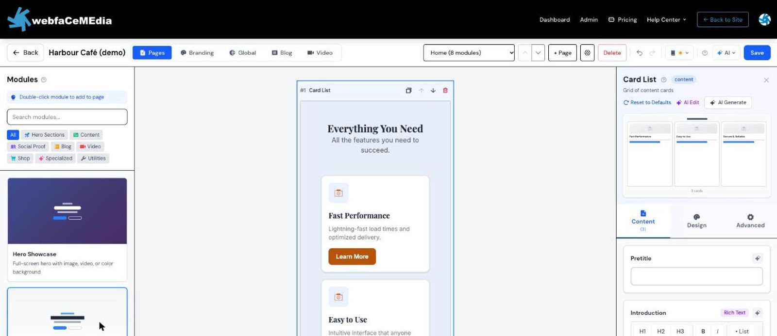 The builder showing the page at mobile width, with cards stacked in one column
