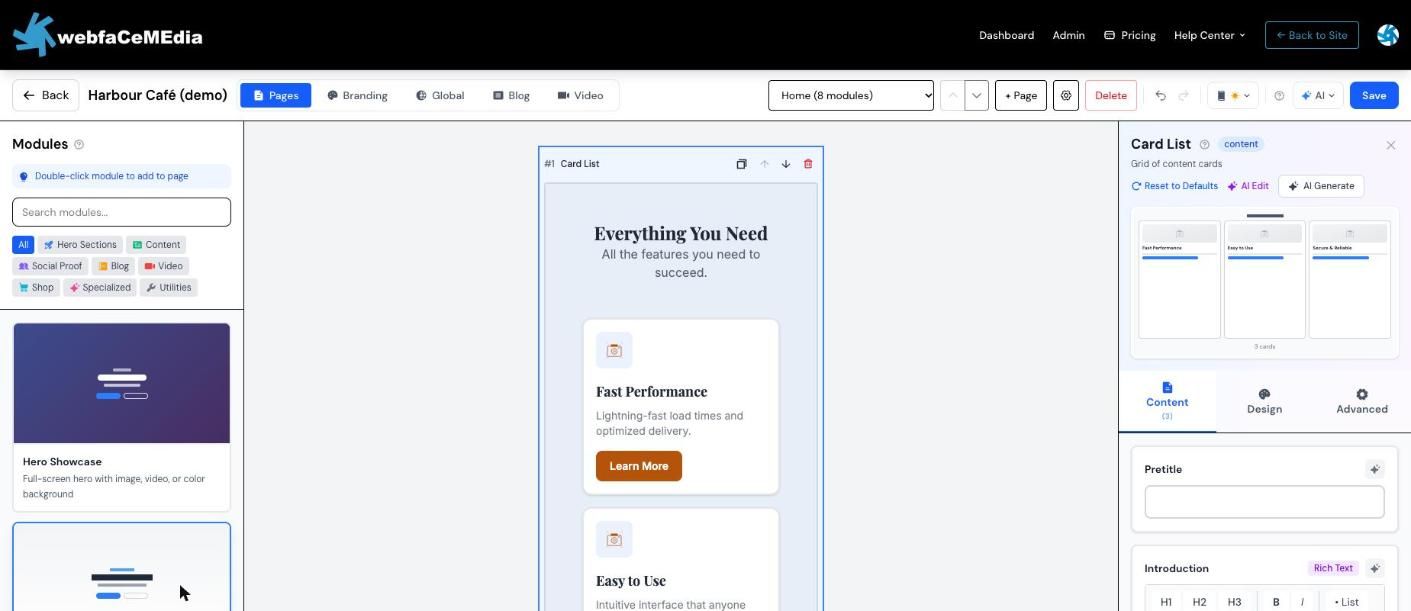 The builder showing the page at mobile width, with cards stacked in one column
