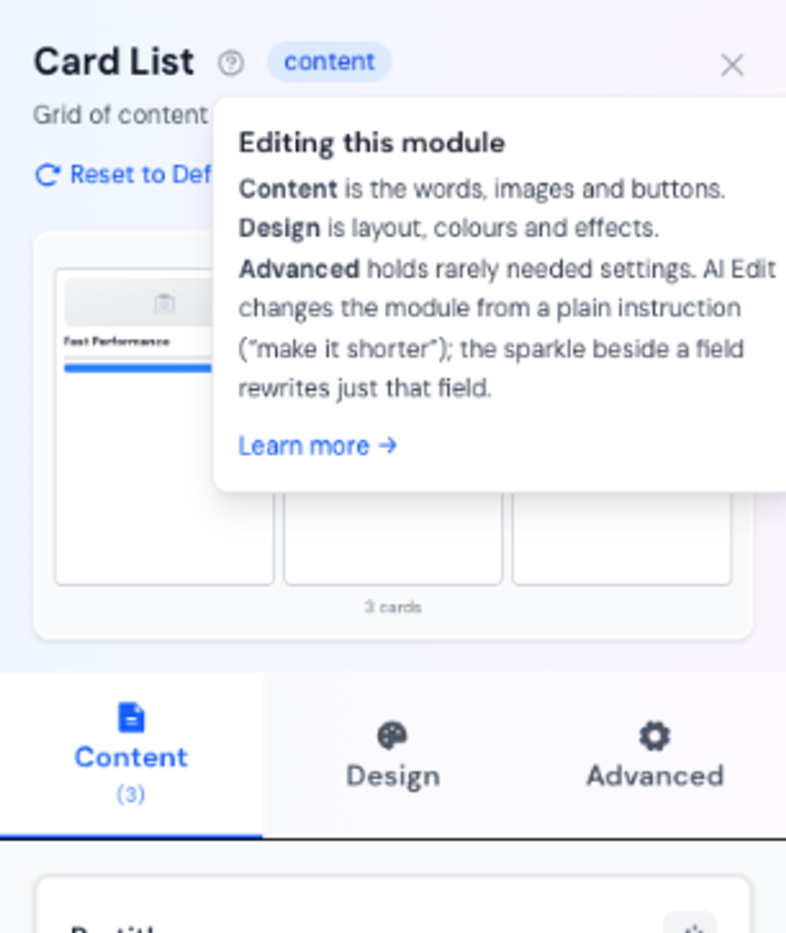 A help popover explaining the Content, Design and Advanced tabs