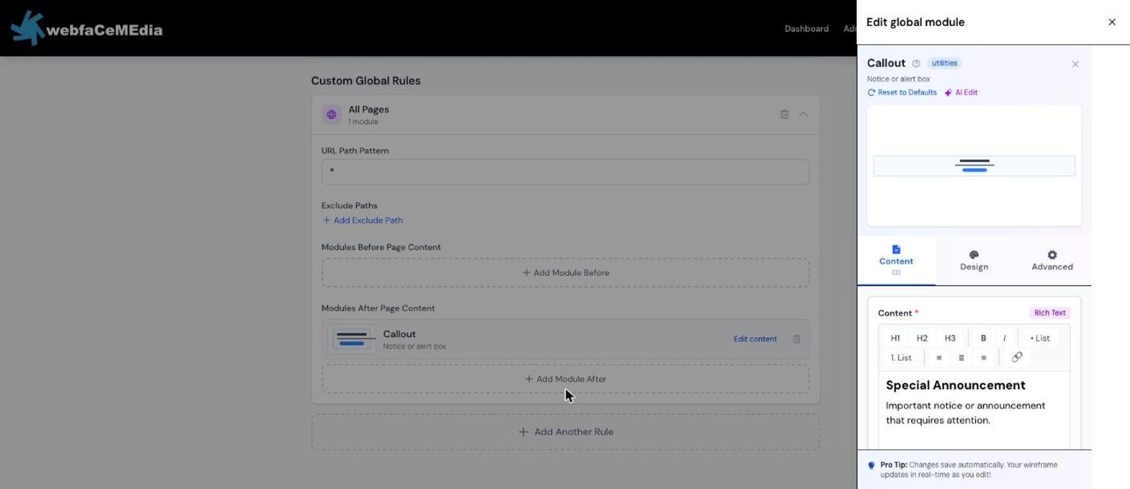 A global rule for all pages with a Callout section, open for editing